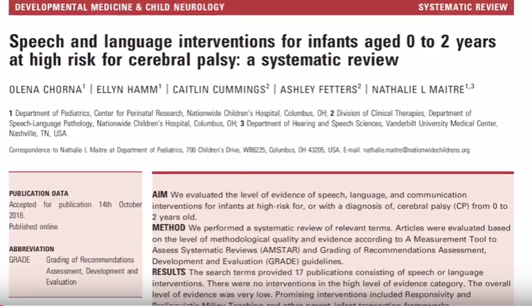 Speech and language interventions for infants aged 0 to 2 years at high risk for cerebral palsy: a systematic review