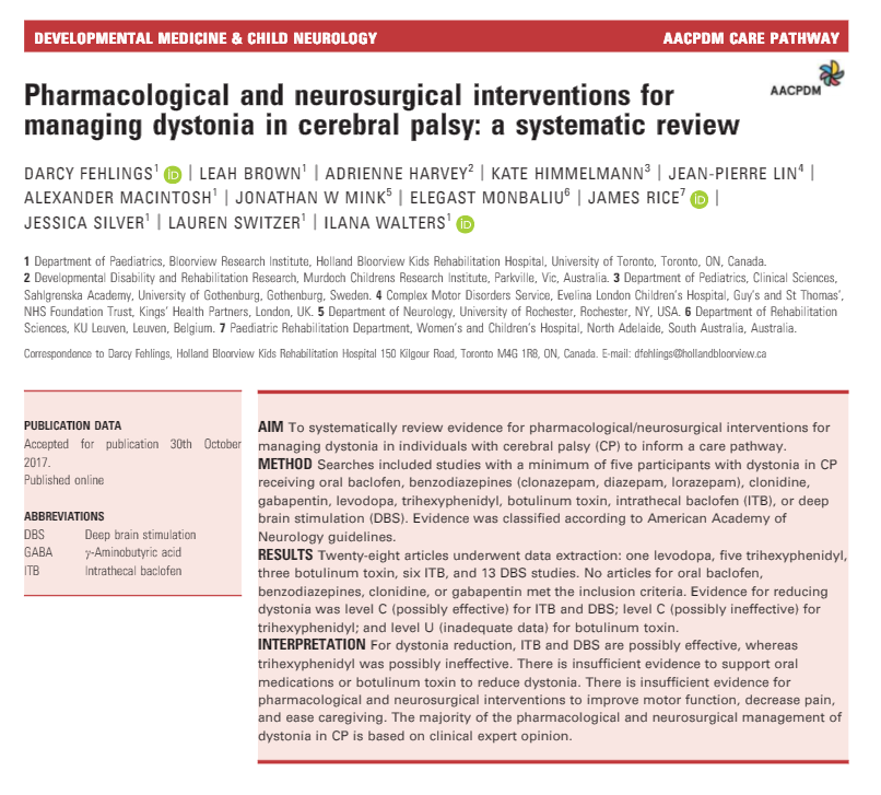 Pharmacological and neurosurgical interventions for managing dystonia in cerebral palsy: a systematic review