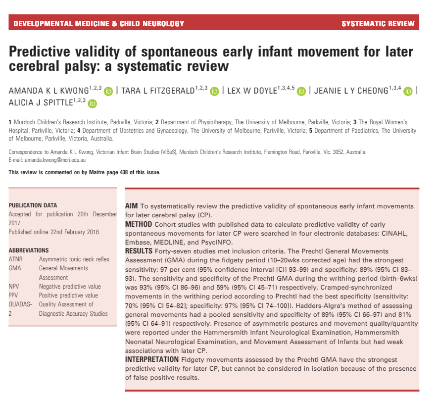 Predictive validity of spontaneous early infant movement for later cerebral palsy: a systematic review