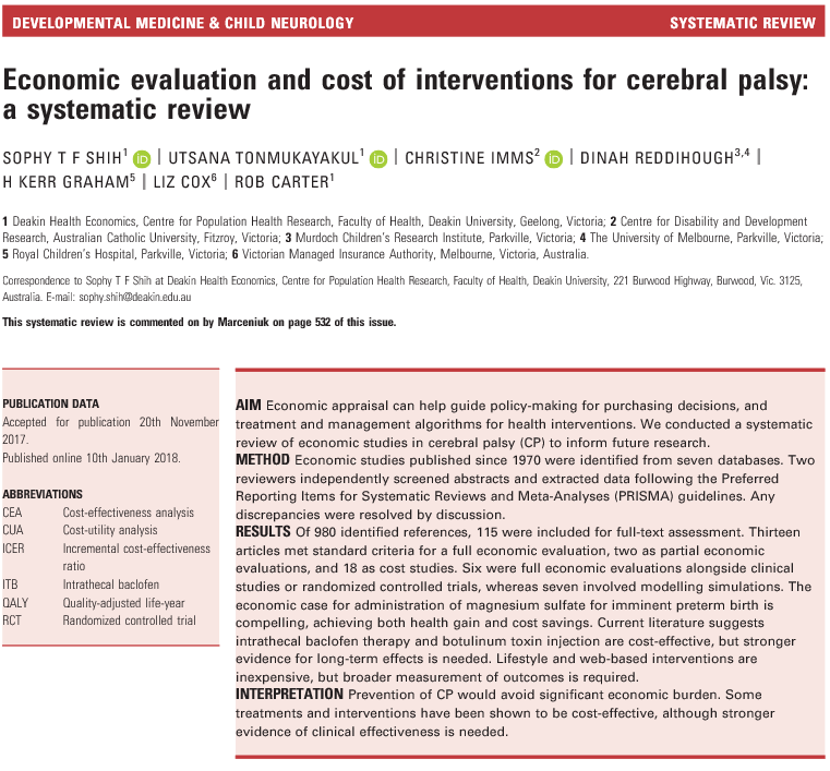 Economic evaluation and cost of interventions for cerebral palsy: a systematic review