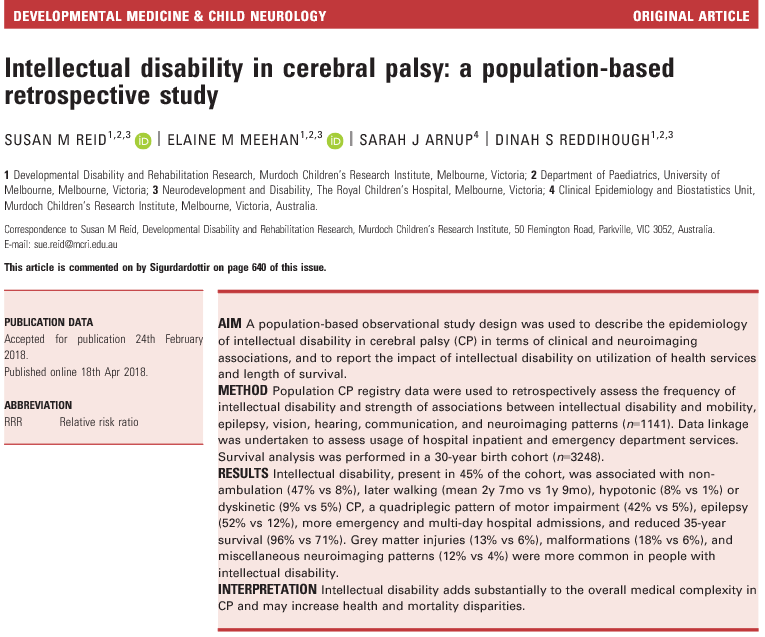 Intellectual disability in cerebral palsy: a population‐based retrospective study