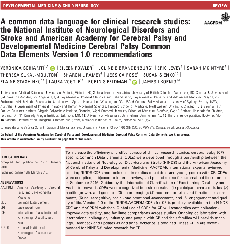 A common data language for clinical research studies: the National Institute of Neurological Disorders and Stroke and American Academy for Cerebral Palsy and Developmental Medicine Cerebral Palsy Common Data Elements V1.0 recommendations