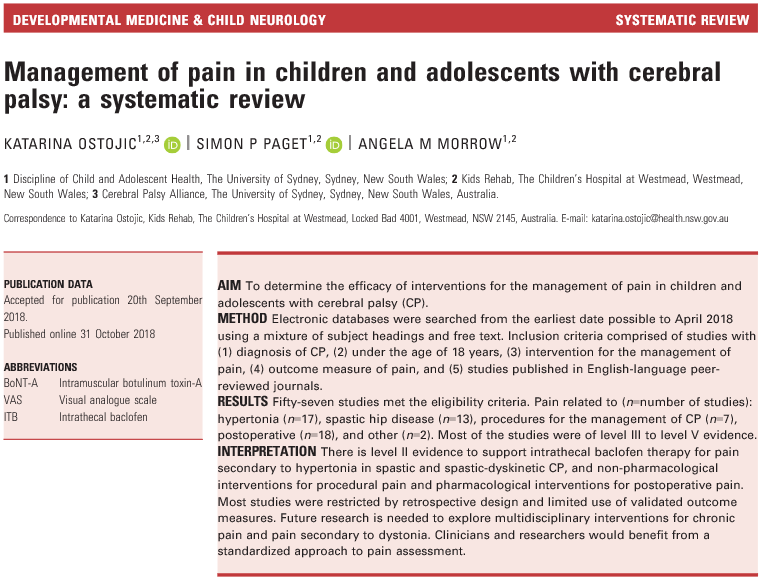 Management of pain in children and adolescents with cerebral palsy: a systematic review