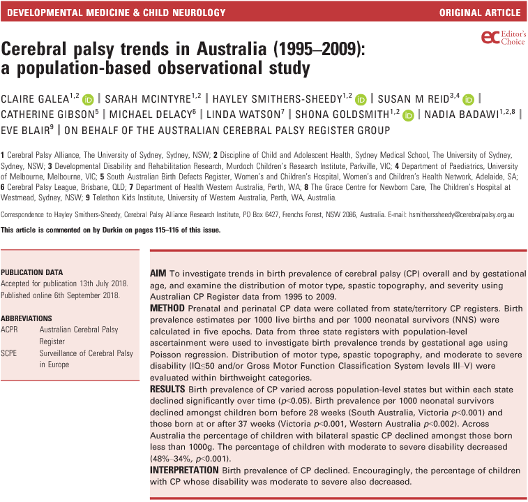 Cerebral palsy trends in Australia (1995–2009): a population‐based observational study