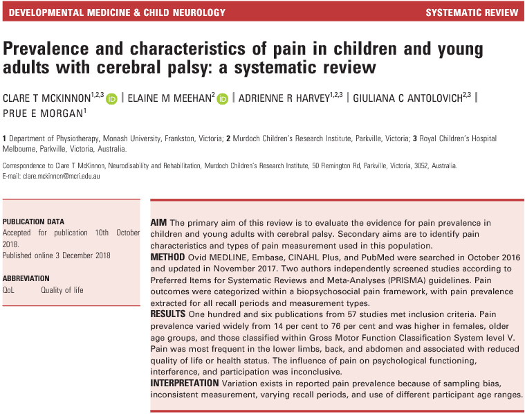 Prevalence and characteristics of pain in children and young adults with cerebral palsy: a systematic review