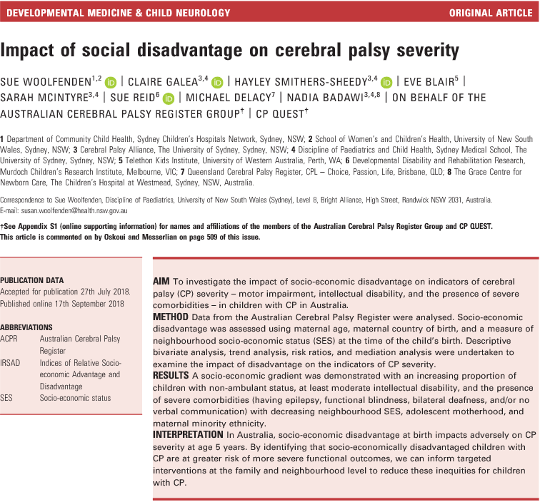 Impact of social disadvantage on cerebral palsy severity