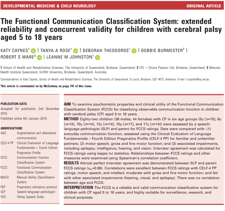 The Functional Communication Classification System: extended reliability and concurrent validity for children with cerebral palsy aged 5 to 18 years