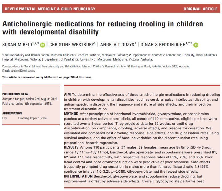 Anticholinergic medications for reducing drooling in children with developmental disability