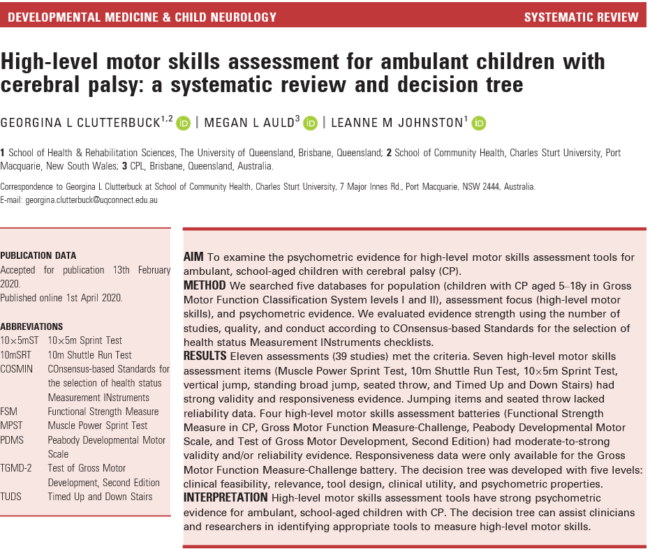 High‐level motor skills assessment for ambulant children with cerebral palsy: a systematic review and decision tree