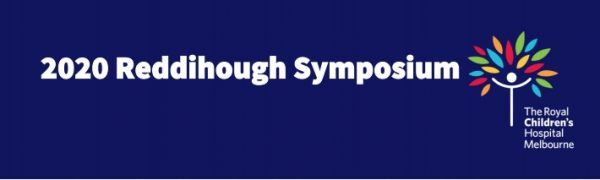 Dark blue banner, white text reads "2020 Reddihough Symposium", RCH logo