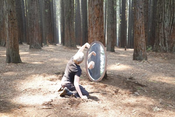 A person sits on their knees on the floor of a dense pine forest facing a tree with a mirror propped agains the bottom of the trunk. The lady is bending to the side with her arm over her head and her face is seen in the mirror