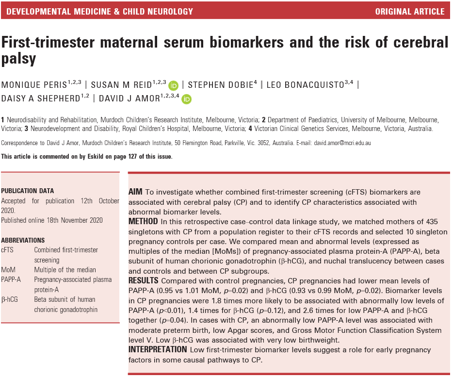 First‐trimester maternal serum biomarkers and the risk of cerebral palsy