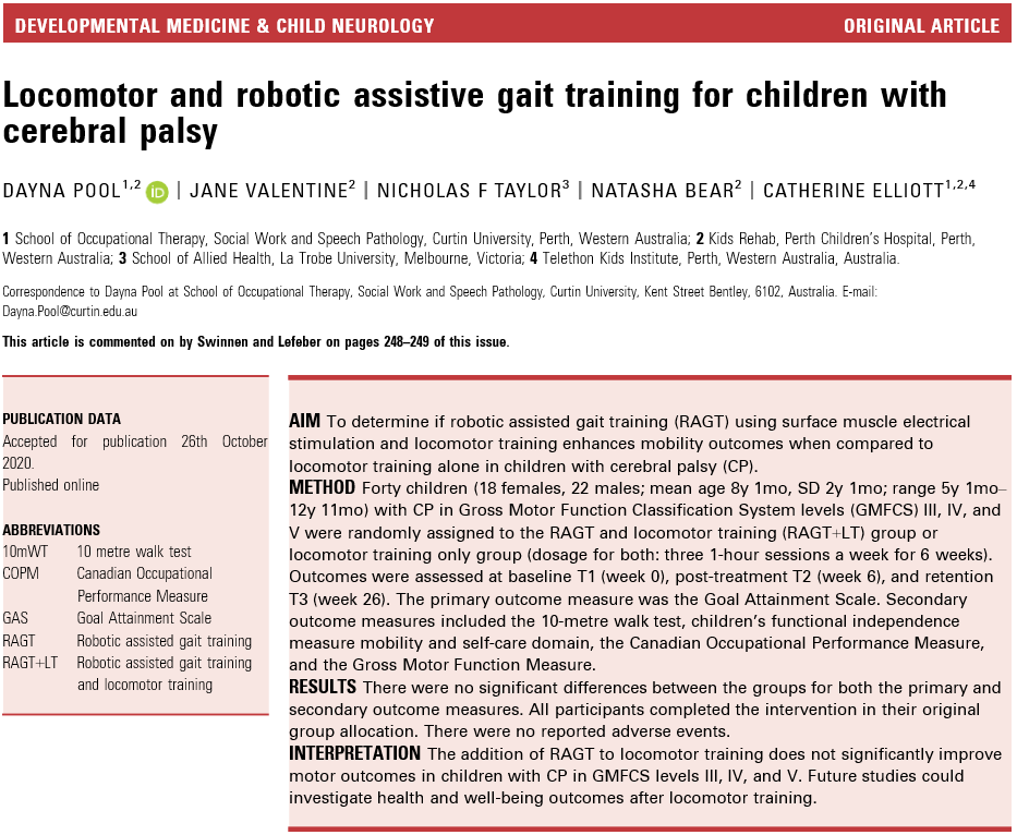 Locomotor and robotic assistive gait training for children with cerebral palsy