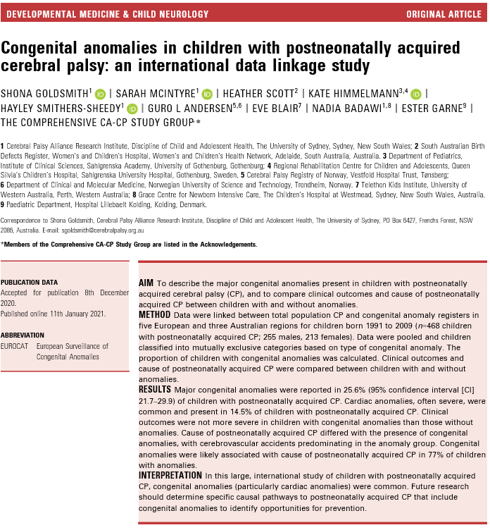 Congenital anomalies in children with pre, perinatally and postneonatally acquired cerebral palsy: two international data linkage studies