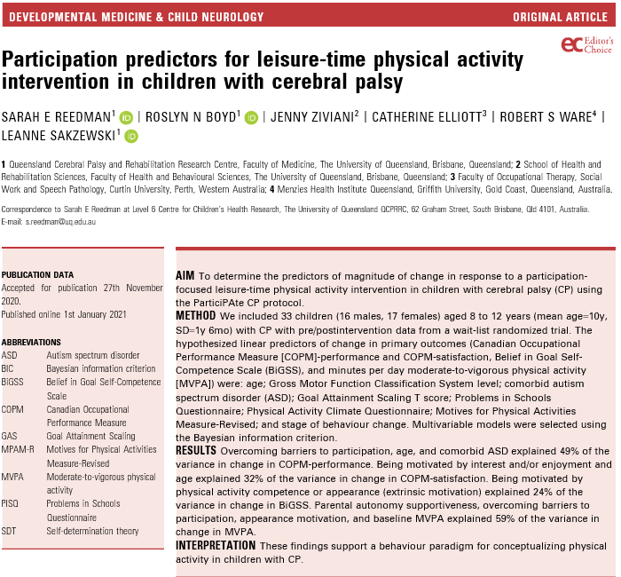 Participation predictors for leisure‐time physical activity intervention in children with cerebral palsy