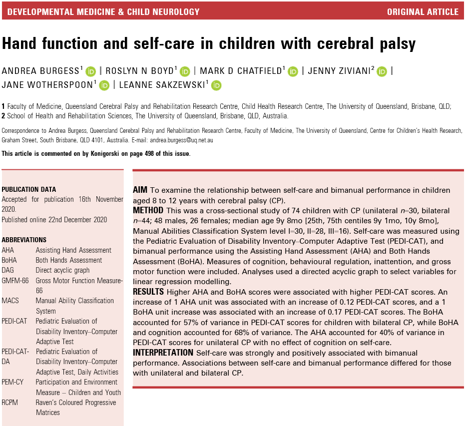 Hand function and self‐care in children with cerebral palsy