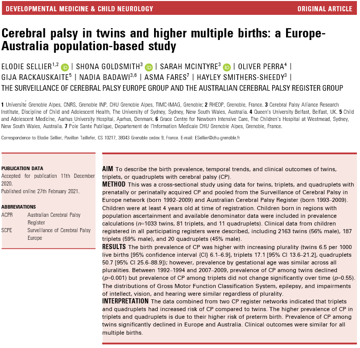 Cerebral palsy in twins and higher multiple births: a Europe-Australia population-based study