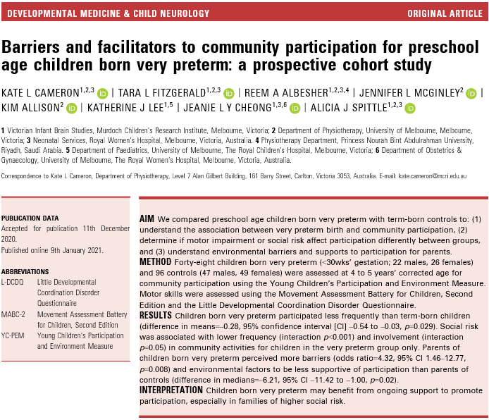 Barriers and facilitators to community participation for preschool age children born very preterm: a prospective cohort study