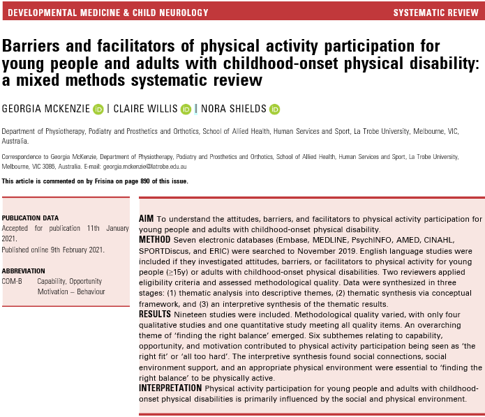 Barriers and facilitators of physical activity participation for young people and adults with childhood-onset physical disability: a mixed methods systematic review