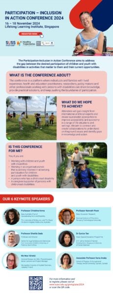 Participation – Inclusion in Action Conference flyer The banner has a picture of a happy teenager with cerebral palsy dressed up for a Taylor Swift concert. The following logos are displayed • Singapore University of Social Sciences (SUSS) • Healthy Trajectories • Melbourne Children’s which includes The Royal Children’s Hospital Melbourne, Murdoch Children’s Research Institute, University of Melbourne were all are supported by The Royal Children’s Hospital Foundation. Text reads The Participation-Inclusion in Action Conference aims to address the gap between the desired participation of children and youth with disabilities in activities that matter to them and their current opportunities. WHAT IS THE CONFERENCE ABOUT? The conference is a platform where individuals and families with lived experience, health and education practitioners, researchers, policy makers and other professionals working with persons with disabilities can share knowledge, provide practical solutions, and keep pushing the boundaries of Picture of children with disability participating in active sports by the beach next to text WHAT DO WE HOPE TO ACHIEVE? Attendees will gain insight from international and local experts and devise sustainable approaches to improve accessibility and autonomy in a range of life situations and settings. We aim to connect and create collaborations to understand on the ground issues and identify gaps in knowledge and action. Picture of a happy teenager on his motorised wheelchair participating with a family outdoor bicycle ride with his father next to text IS THIS CONFERENCE FOR ME? Yes, if you are: ◦ Working with children and youth with disabilities. ◦ Working in an organisation/role that is actively involved in advancing participation for children and youth with disabilities. ◦ A person who has a child-onset disability. A caregiver/supporter of persons with child-onset disabilities Next section introduces 6 keynote speakers. 1. Professor Christine Imms, Apex Australia Chair of Neurodevelopment and Disability. The University of Melbourne, and The Royal Children’s Hospital, Melbourne Australia. 2. Professor Kenneth Poon, Dean, Education Research National Institute of Education, Nanyang Technological University 3. Professor Shakila Dada, Professor and Director Centre for Augmentative and Alternative Communication (CAAC), University of Pretoria, South Africa 4. Dr Eunice Tan, Head, Special Education Programme, S R Nathan School of Human Development, Singapore University of Social Sciences 5. Ms Nea Vänskä, Doctoral Researcher, MSc, Physiotherapist, Senior Lecturer and Project Manager Metropolia University of Applied Sciences, Helsinki, Finland. 6. Associate Protessor Dana Anaby. School of Physical & Occupational Therapy, McGill University, Quebec, Canada For more information and to register, please visit at www.suss.edu.sg/giving/piac2024 or scan the QR code
